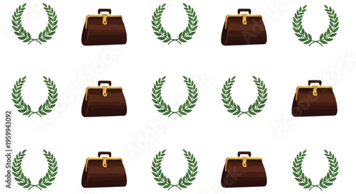 Brown briefcase icons with green laurel wreaths on vector graphics isolated on white background