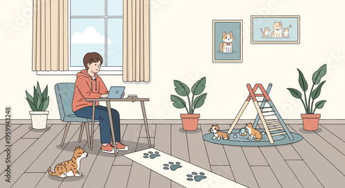 Woman working on laptop with dog and kittens in playroom isolated on white background