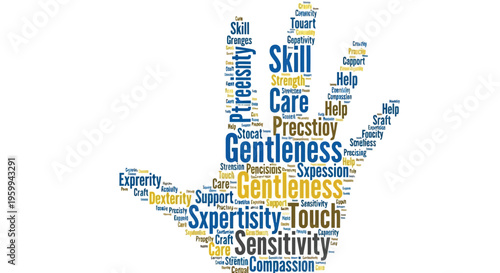 Gentleness concept word cloud in blue yellow and orange isolated on white background