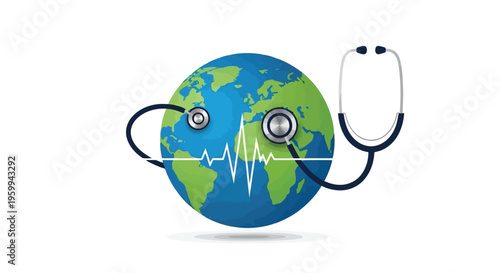 Earth globe with stethoscope wrapped around it showing heartbeat line isolated on white background