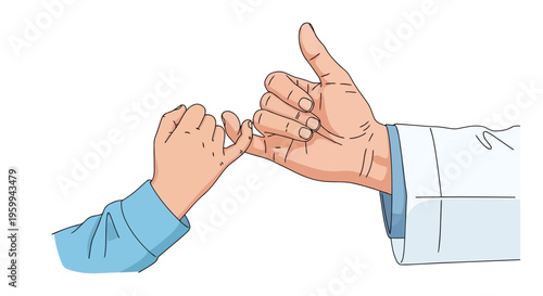 Doctor's hand in white coat examining patient's hand with blue sleeve in a medical checkup illustration isolated on white background