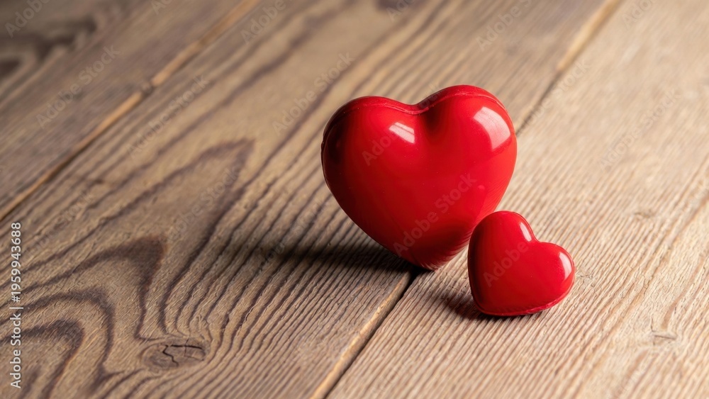 Fototapeta premium Red hearts rest on rustic wooden planks