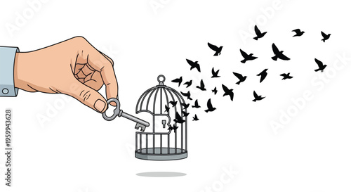 Hand holding key unlocking birdcage releasing flying birds illustration isolated on white background