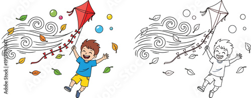 Happy Boy Flying Kite in Windy Autumn Playful Kids Activity