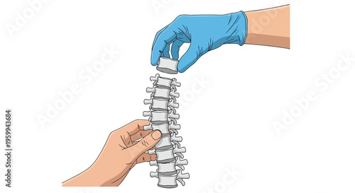 Hands assembling spine model with vertebrae and medical glove isolated on white background