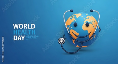 World health day illustration with smiling earth globe wearing stethoscope