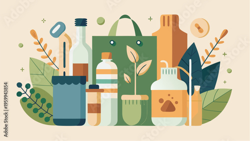 Eco friendly products with reusable bag and natural cosmetics, sustainable lifestyle concept with organic containers and zero waste packaging illustration
