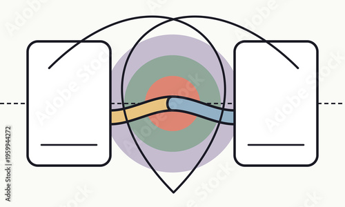 A conceptual diagram showing two rectangular panels connected by a central bridge over circles