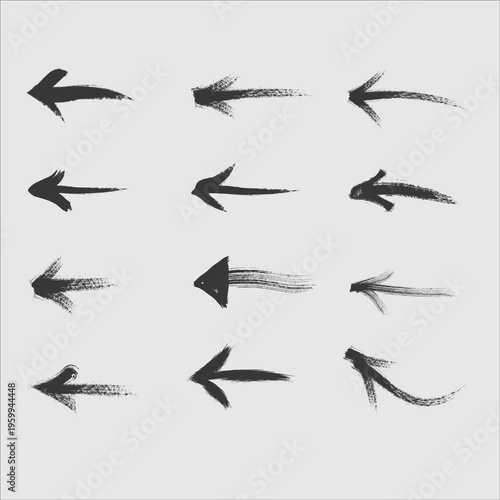 Grunge Arrow set, Grunge arrow brush Black And White arrow silhouette, Grunge arrow paint brush illustration vector icon set image 