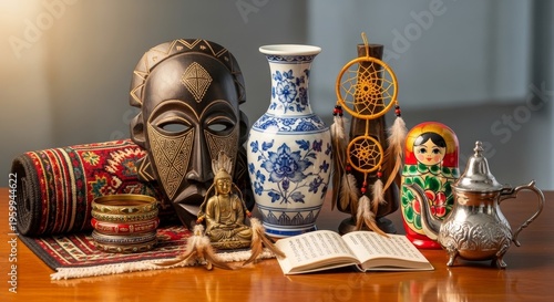 Vintage artifacts and decor on table.