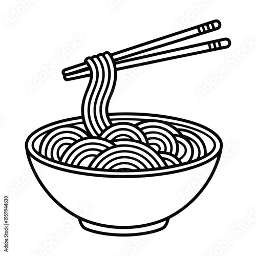 A bowl of noodles with chopsticks resting on the side and in the noodles. Vector
