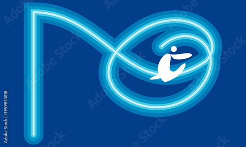 Abstract illustration of a stylized figure surfing through a vibrant blue looping wave design