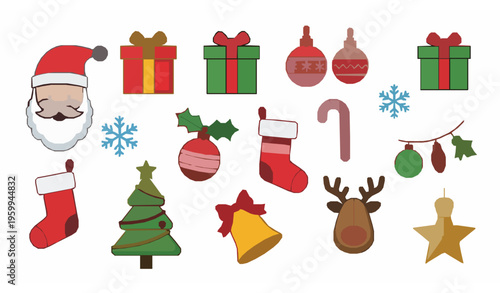 Festive Christmas flat vector icons set with Santa, tree, gifts, and holiday decorations colorful isolated illustration