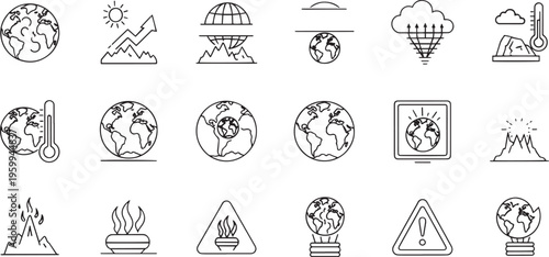 Global Warming Climate Change and Ecology Line Icon Set
