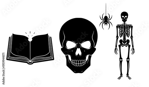 Halloween vector silhouette icons with skull, skeleton, magic book, and spider isolated on white background