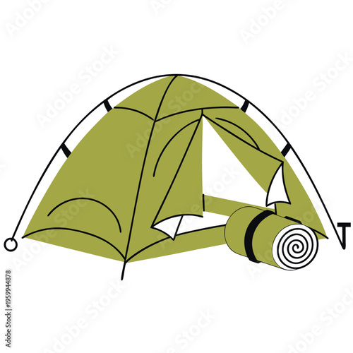 illustration of a camping tent with open flap and rolled sleeping mat beside it,