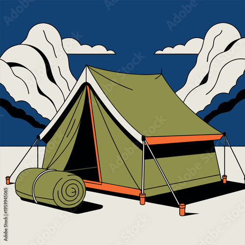 illustration of a camping tent with open flap and rolled sleeping mat beside it,