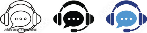 Customer Service and Support Icon Set. Call Center Agent with Headset and Speech Bubble Symbols.