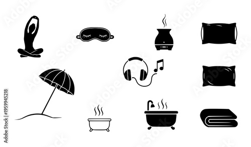 Self care and relaxation silhouette icons collection featuring yoga sleep and wellness lifestyle vector set