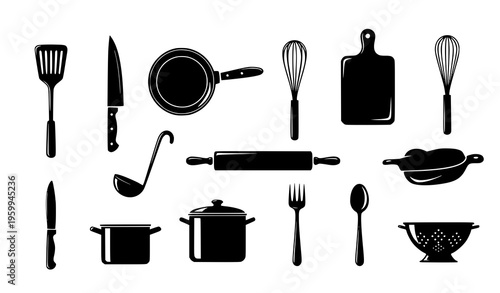 Kitchen utensils silhouette icon set with cooking tools and culinary equipment solid vector illustration