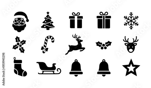 Christmas solid silhouette icon set with Santa tree gifts and winter holiday celebration symbols vector illustration