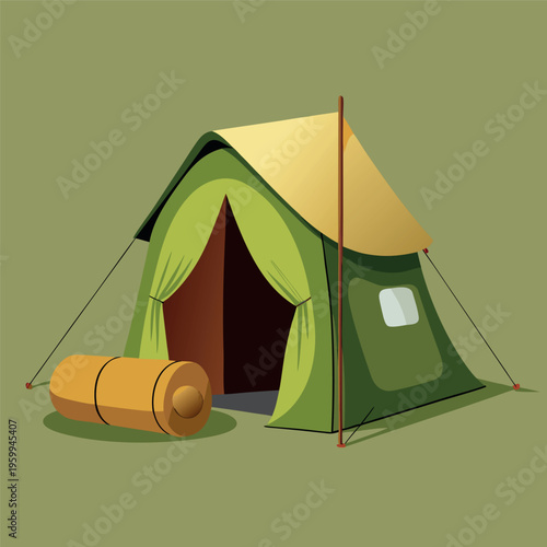 illustration of a camping tent with open flap and rolled sleeping mat beside it,