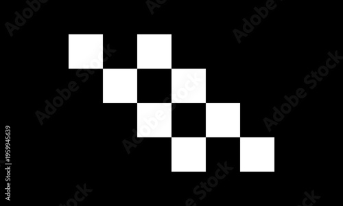 A minimalist graphic design featuring a diagonal sequence of white squares on a solid black ground