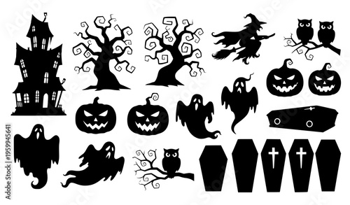 Spooky Halloween silhouette icons haunted elements vector illustration festive design set
