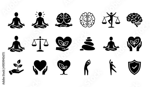 Mental health and self care silhouette icon set wellness mindfulness vector isolated on white