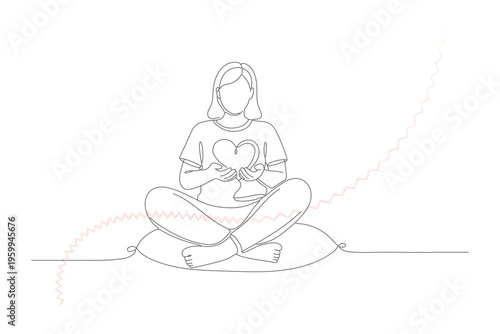 Minimalist Continuous Line Drawing of Woman Meditating with Heart Symbol, Modern One Line Art Illustration for Wellness and Self-Love Concepts