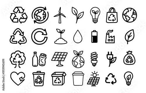 Hand Drawn Eco Friendly and Sustainability Icon Doodle Set Vector, Green Recycling and Nature Symbols, Renewable Energy, Environment Clipart Collection, Earth and Plant Sketches, Environmental