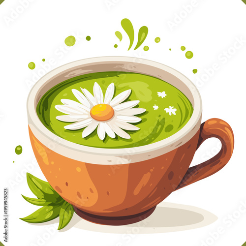 Vector illustration of matcha drink in a cup with chamomile flowers and mint leaves, isolated on a white background