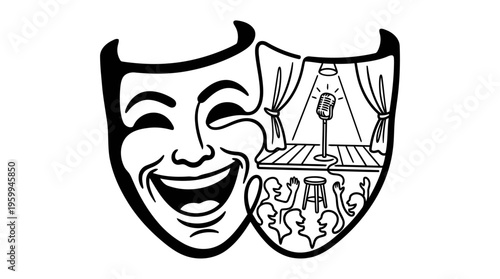 Minimalist Comedy Theater Mask with Microphone Stage Line Art, Monochrome Vector Illustration of Humor and Podcasting