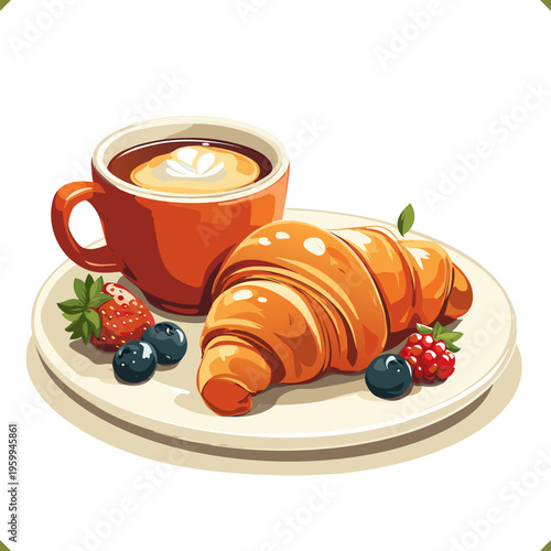 Vector breakfast tray with croissant, cup of coffee and fresh berries, isolated on a white background