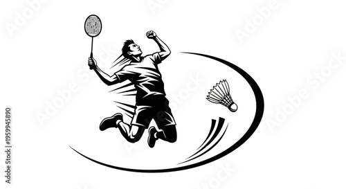 Dynamic black and white illustration of a male badminton player jumping to smash a shuttlecock with his racket, surrounded by motion lines.