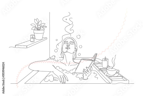 Relaxing Bath Time with Book: Continuous Line Art Illustration