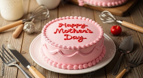 Happy mother's day pink cake celebration with family dinner and gift ideas