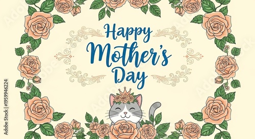Happy mother's day wishes greeting card with cat wearing crown and beautiful floral border design