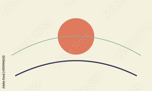 Minimalist digital art featuring a coral circle bisected by a soft green and dark blue horizon line