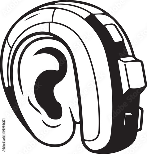 Minimalist black and white hearing aid icon isolated on white background