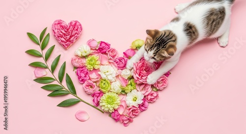 Heartfelt mother's day moments with a cat and floral heart on pink background