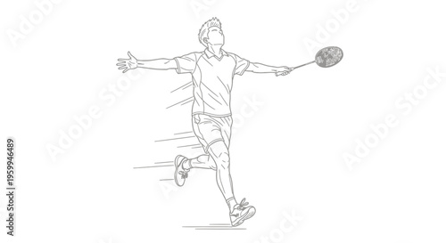 Dynamic line art illustration of a male badminton player celebrating victory with outstretched arms and a racket, showing motion.