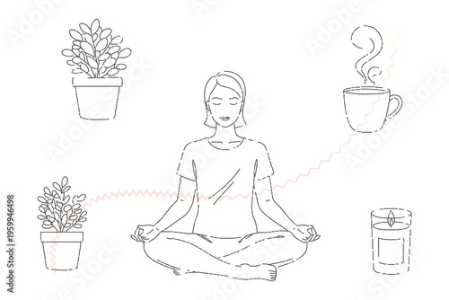 Serene Meditation Scene with Plants, Coffee, and Candle in Continuous Line Art Style, Promoting Wellness and Mindfulness