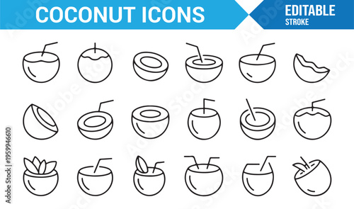 Coconut milk and fresh fruit icons collection for organic lifestyle