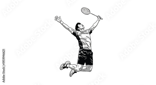 Dynamic black and white illustration of a male badminton player jumping in celebration with a racket.