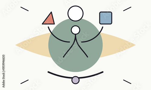 Minimalist vector illustration of a stylized figure balancing geometric shapes in a serene pose