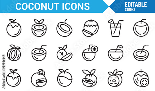 Exotic tropical drink and coconut icons set for nutrition concepts