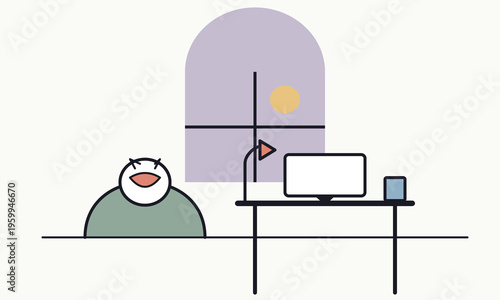 A minimalist flat vector illustration of a person sitting at a desk in front of a sunny window