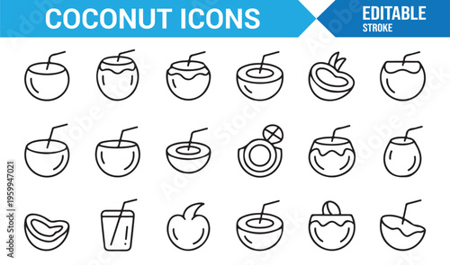 Coconut and tropical fruit line icons collection for food and beverage design