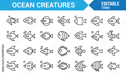 Clean outline marine life icons set for ocean and wildlife concepts